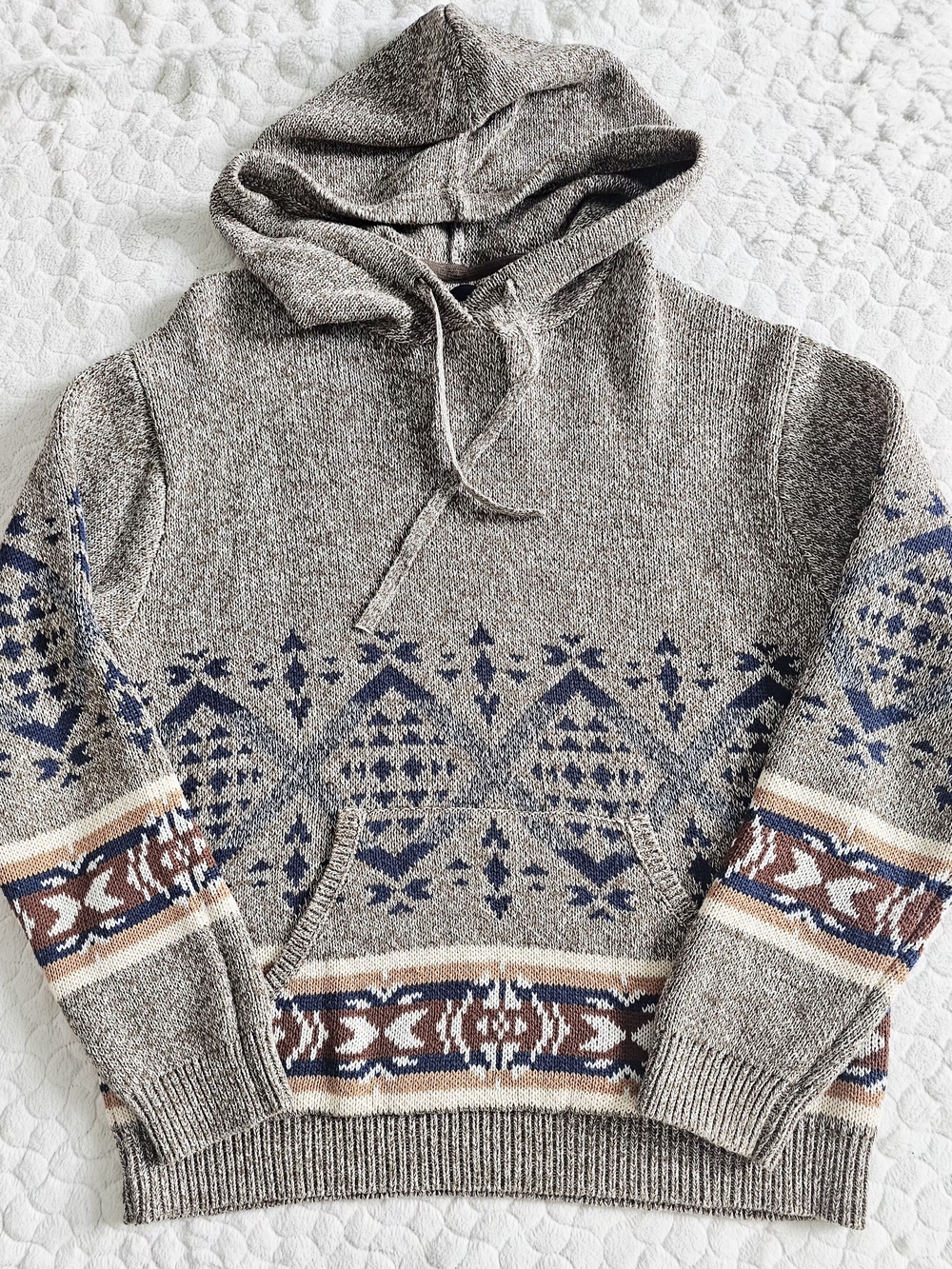 Lucky Brand Men's Hooded Knit Sweater in Heathered Taupe Southwest Rustic M